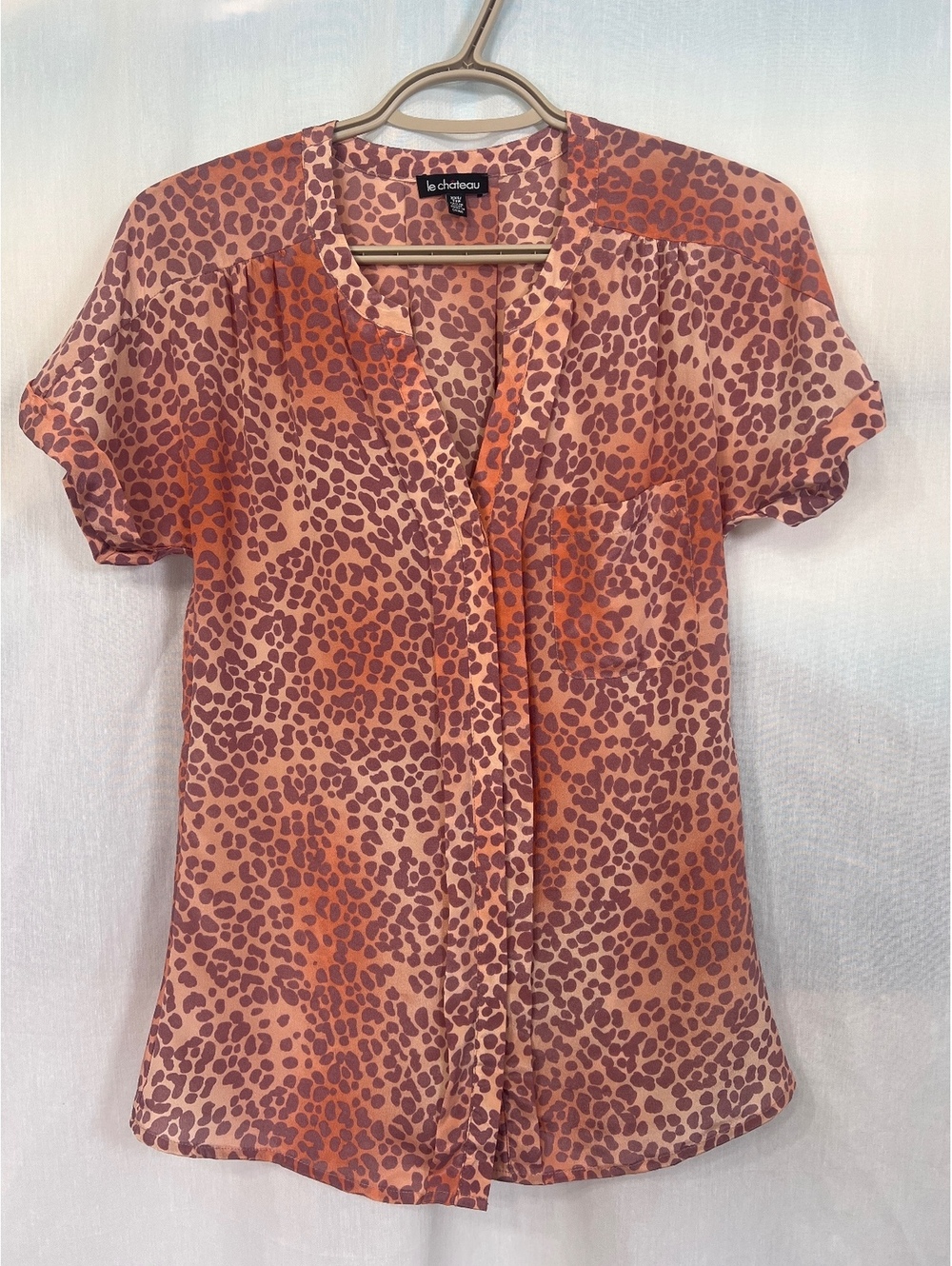 Le Chateau 100% Silk Animal Print Short Sleeve V-Neck Blouse Top Women's XS